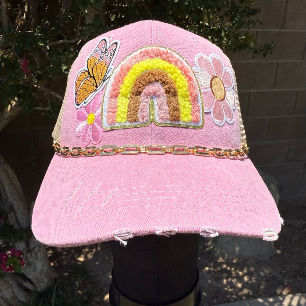 New Custom Pink Distressed Cap with Rainbow and Floral Design